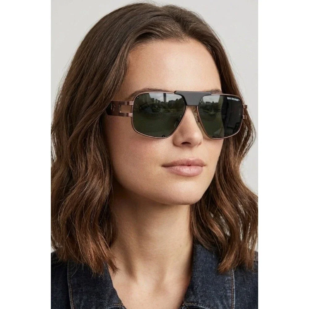 TRUE RELIGION Square Aviator Sunglasses Green Lens Bronze Metal New